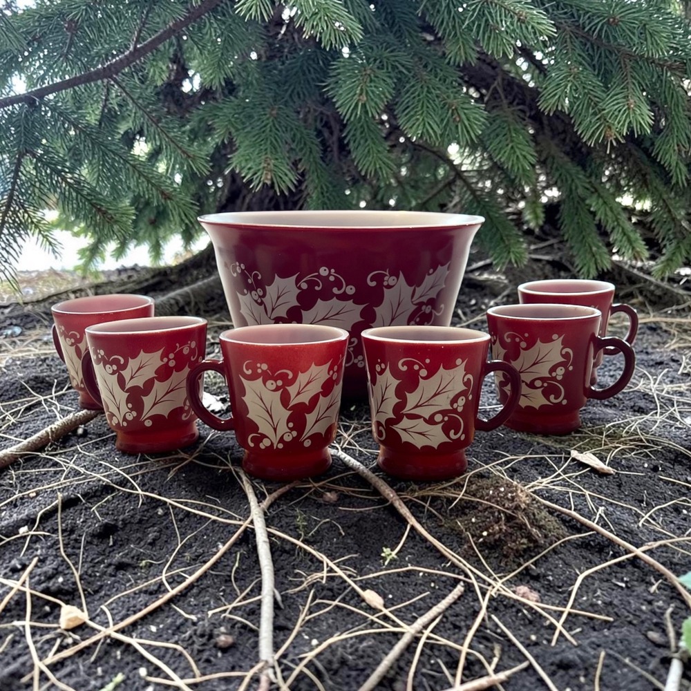 Vintage Hazel Atlas Red Holly Berry Milk Glass Punch Bowl and 6 Mug Set